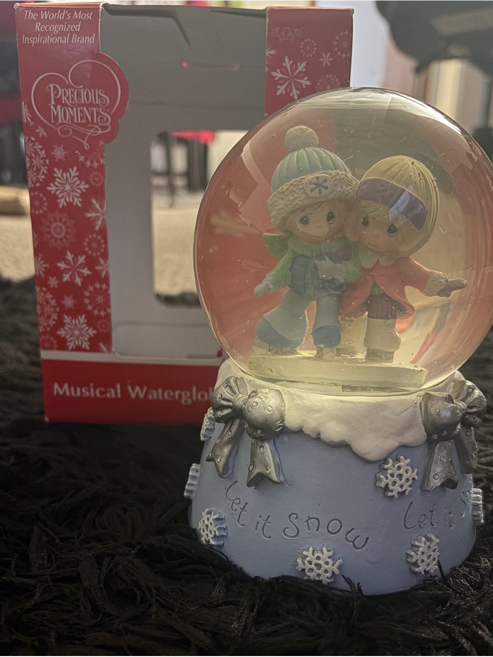 Precious Moments Blue and Pink Winter Couple Musical Snow Globe